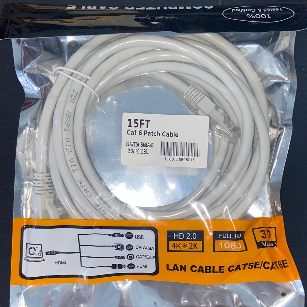 NWT White Cat 6 Patch Cable 15ft